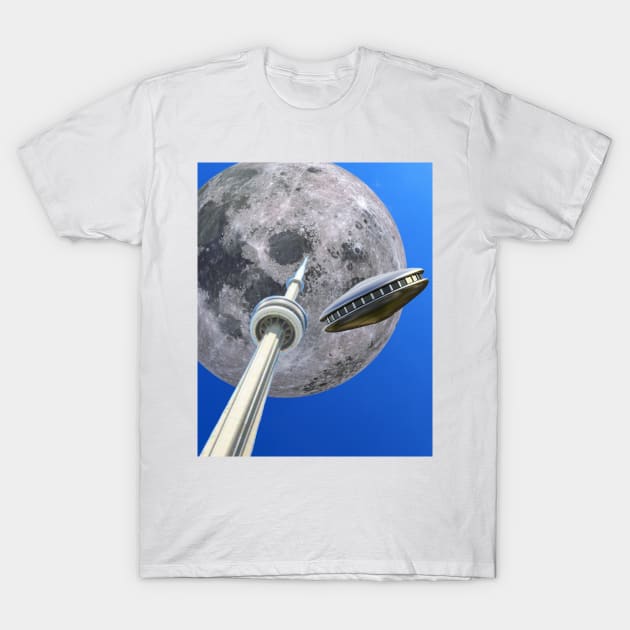 Toronto CN Tower Under A full Moon With Flying Saucer T-Shirt by Courage Today Designs